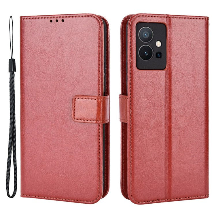 For vivo Y55 5G/Y75 5G/T1 5G PU Leather Folio Flip Folding Phone Cover Crazy Horse Texture Stand Wallet Case Carrying Pouch with Strap - Brown