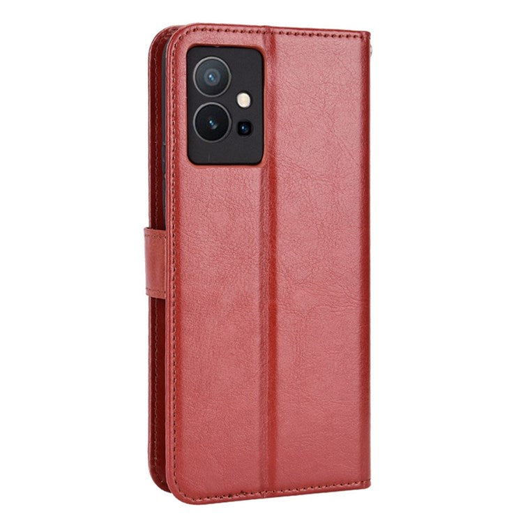 For vivo Y55 5G/Y75 5G/T1 5G PU Leather Folio Flip Folding Phone Cover Crazy Horse Texture Stand Wallet Case Carrying Pouch with Strap - Brown