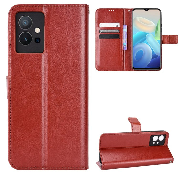 For vivo Y55 5G/Y75 5G/T1 5G PU Leather Folio Flip Folding Phone Cover Crazy Horse Texture Stand Wallet Case Carrying Pouch with Strap - Brown