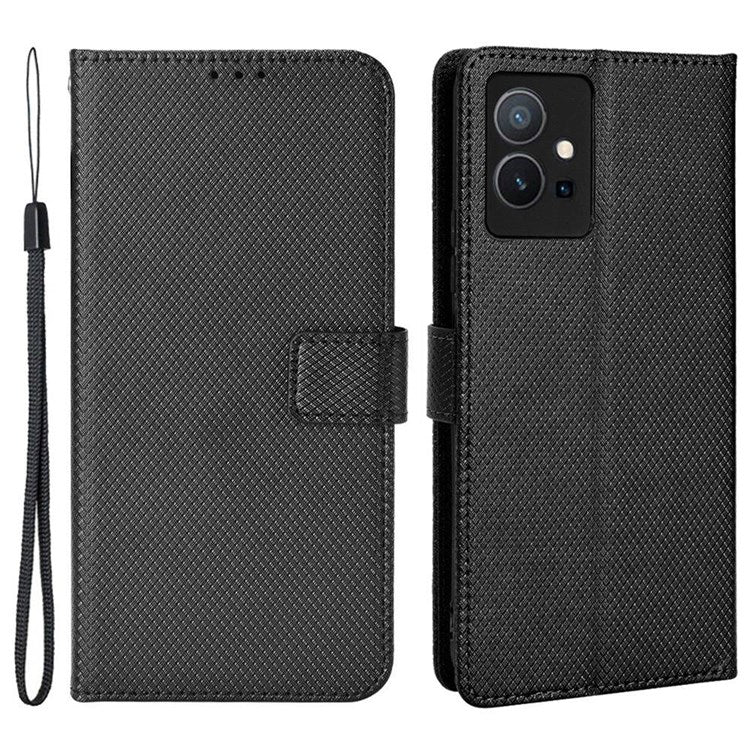 For vivo Y55 5G/T1 5G/Y75 5G Diamond Texture Mobile Phone Case PU Leather Stand Protective Flip Wallet Cover with Strap - Black