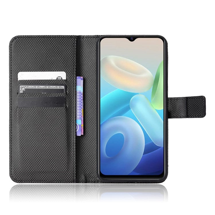 For vivo Y55 5G/T1 5G/Y75 5G Diamond Texture Mobile Phone Case PU Leather Stand Protective Flip Wallet Cover with Strap - Black