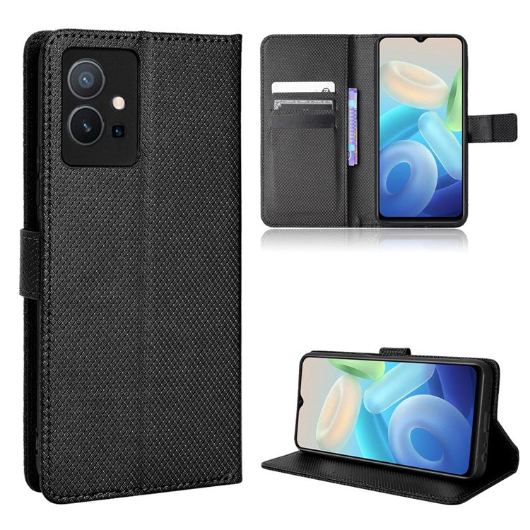 For vivo Y55 5G/T1 5G/Y75 5G Diamond Texture Mobile Phone Case PU Leather Stand Protective Flip Wallet Cover with Strap - Black