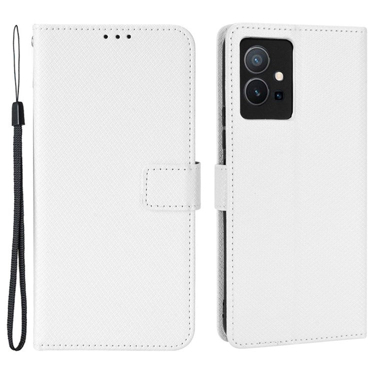 For vivo Y55 5G/T1 5G/Y75 5G Diamond Texture Mobile Phone Case PU Leather Stand Protective Flip Wallet Cover with Strap - White