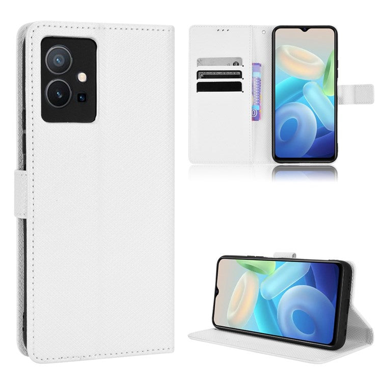 For vivo Y55 5G/T1 5G/Y75 5G Diamond Texture Mobile Phone Case PU Leather Stand Protective Flip Wallet Cover with Strap - White