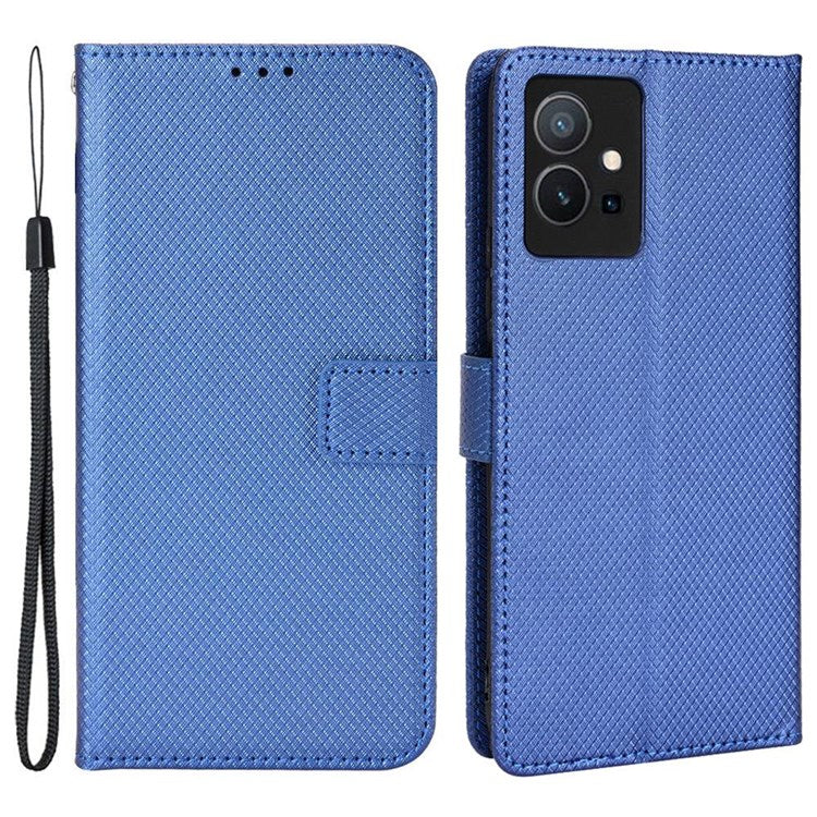 For vivo Y55 5G/T1 5G/Y75 5G Diamond Texture Mobile Phone Case PU Leather Stand Protective Flip Wallet Cover with Strap - Blue