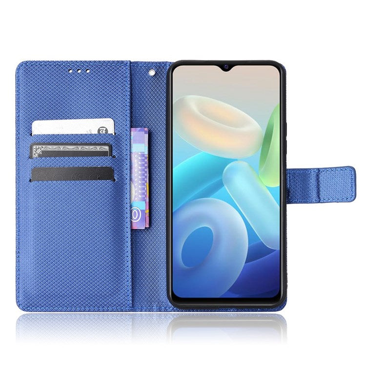 For vivo Y55 5G/T1 5G/Y75 5G Diamond Texture Mobile Phone Case PU Leather Stand Protective Flip Wallet Cover with Strap - Blue