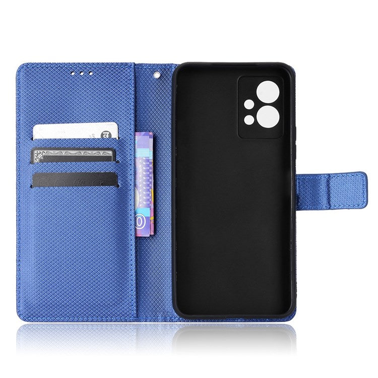 For vivo Y55 5G/T1 5G/Y75 5G Diamond Texture Mobile Phone Case PU Leather Stand Protective Flip Wallet Cover with Strap - Blue