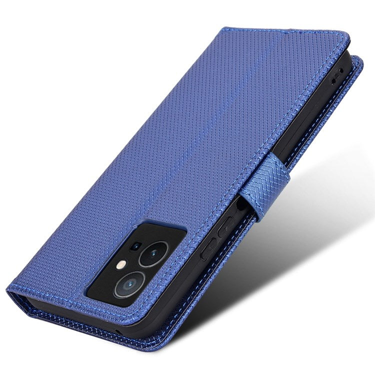 For vivo Y55 5G/T1 5G/Y75 5G Diamond Texture Mobile Phone Case PU Leather Stand Protective Flip Wallet Cover with Strap - Blue