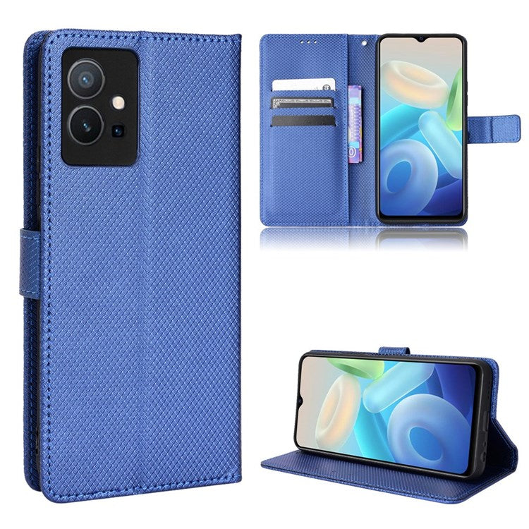 For vivo Y55 5G/T1 5G/Y75 5G Diamond Texture Mobile Phone Case PU Leather Stand Protective Flip Wallet Cover with Strap - Blue