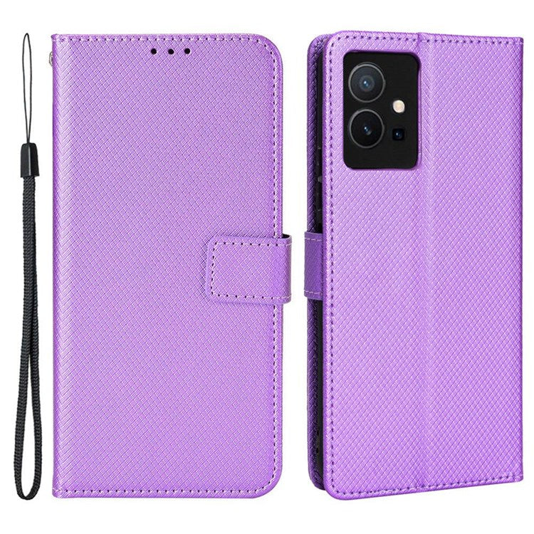 For vivo Y55 5G/T1 5G/Y75 5G Diamond Texture Mobile Phone Case PU Leather Stand Protective Flip Wallet Cover with Strap - Purple