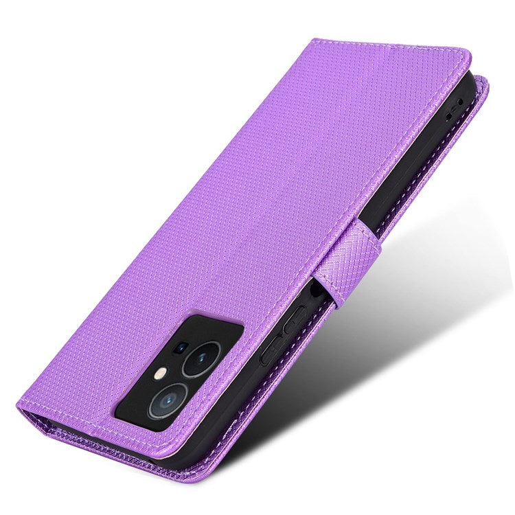 For vivo Y55 5G/T1 5G/Y75 5G Diamond Texture Mobile Phone Case PU Leather Stand Protective Flip Wallet Cover with Strap - Purple