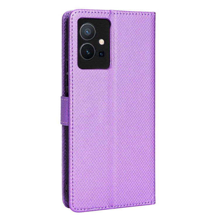 For vivo Y55 5G/T1 5G/Y75 5G Diamond Texture Mobile Phone Case PU Leather Stand Protective Flip Wallet Cover with Strap - Purple