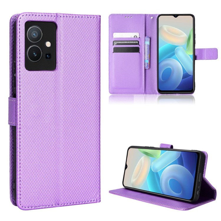 For vivo Y55 5G/T1 5G/Y75 5G Diamond Texture Mobile Phone Case PU Leather Stand Protective Flip Wallet Cover with Strap - Purple