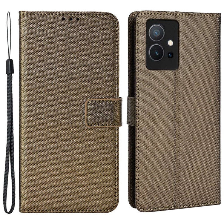 For vivo Y55 5G/T1 5G/Y75 5G Diamond Texture Mobile Phone Case PU Leather Stand Protective Flip Wallet Cover with Strap - Brown