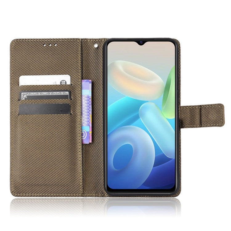 For vivo Y55 5G/T1 5G/Y75 5G Diamond Texture Mobile Phone Case PU Leather Stand Protective Flip Wallet Cover with Strap - Brown