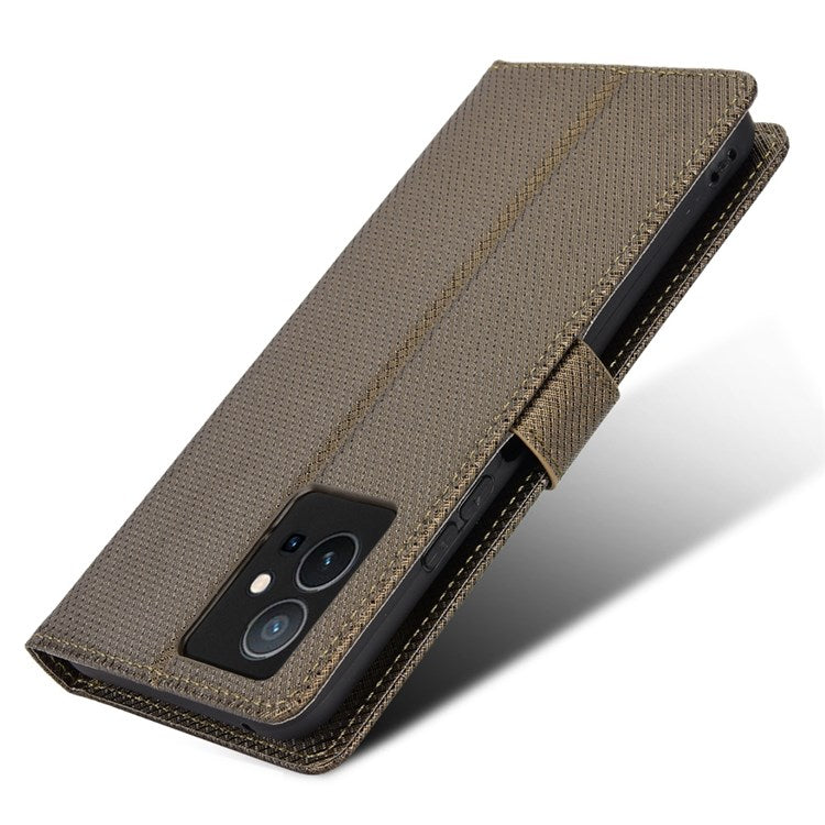 For vivo Y55 5G/T1 5G/Y75 5G Diamond Texture Mobile Phone Case PU Leather Stand Protective Flip Wallet Cover with Strap - Brown