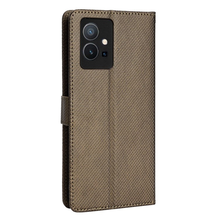 For vivo Y55 5G/T1 5G/Y75 5G Diamond Texture Mobile Phone Case PU Leather Stand Protective Flip Wallet Cover with Strap - Brown