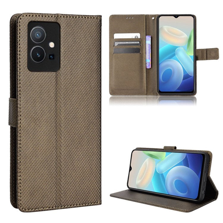 For vivo Y55 5G/T1 5G/Y75 5G Diamond Texture Mobile Phone Case PU Leather Stand Protective Flip Wallet Cover with Strap - Brown