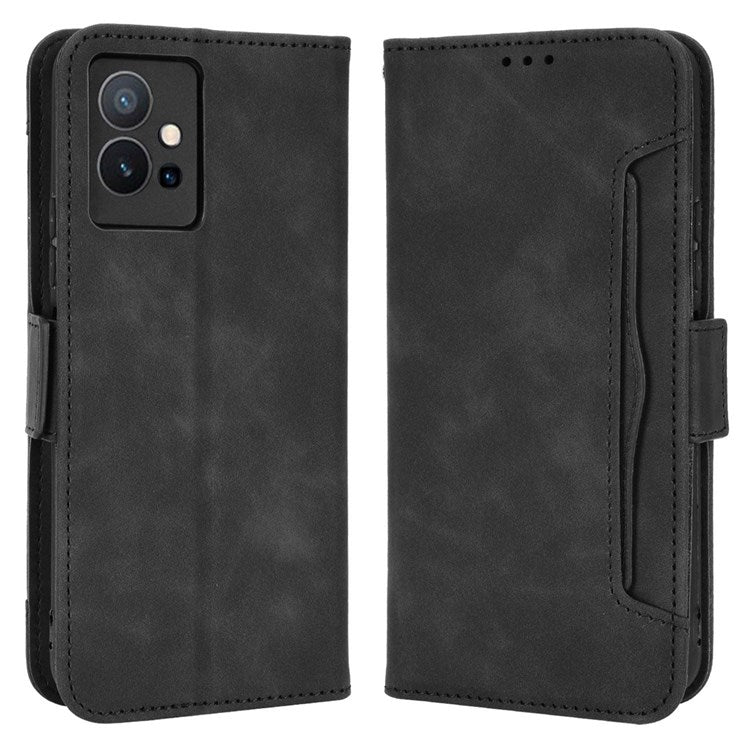 For vivo Y55 5G/Y75 5G/T1 5G PU Leather Card Holder Stand Shockproof TPU Interior Case Wallet Design Magnetic Protect Flip Cover - Black