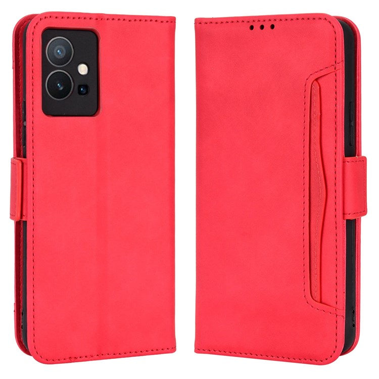 For vivo Y55 5G/Y75 5G/T1 5G PU Leather Card Holder Stand Shockproof TPU Interior Case Wallet Design Magnetic Protect Flip Cover - Red