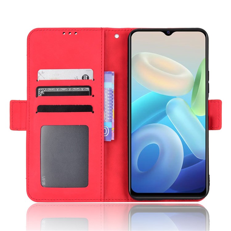 For vivo Y55 5G/Y75 5G/T1 5G PU Leather Card Holder Stand Shockproof TPU Interior Case Wallet Design Magnetic Protect Flip Cover - Red