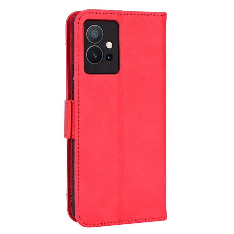 For vivo Y55 5G/Y75 5G/T1 5G PU Leather Card Holder Stand Shockproof TPU Interior Case Wallet Design Magnetic Protect Flip Cover - Red