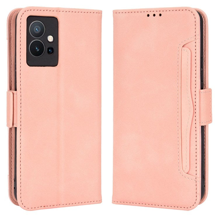 For vivo Y55 5G/Y75 5G/T1 5G PU Leather Card Holder Stand Shockproof TPU Interior Case Wallet Design Magnetic Protect Flip Cover - Pink