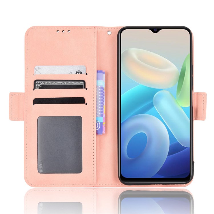 For vivo Y55 5G/Y75 5G/T1 5G PU Leather Card Holder Stand Shockproof TPU Interior Case Wallet Design Magnetic Protect Flip Cover - Pink