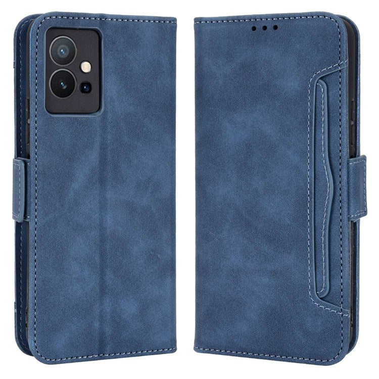 For vivo Y55 5G/Y75 5G/T1 5G PU Leather Card Holder Stand Shockproof TPU Interior Case Wallet Design Magnetic Protect Flip Cover - Blue