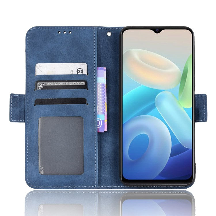 For vivo Y55 5G/Y75 5G/T1 5G PU Leather Card Holder Stand Shockproof TPU Interior Case Wallet Design Magnetic Protect Flip Cover - Blue