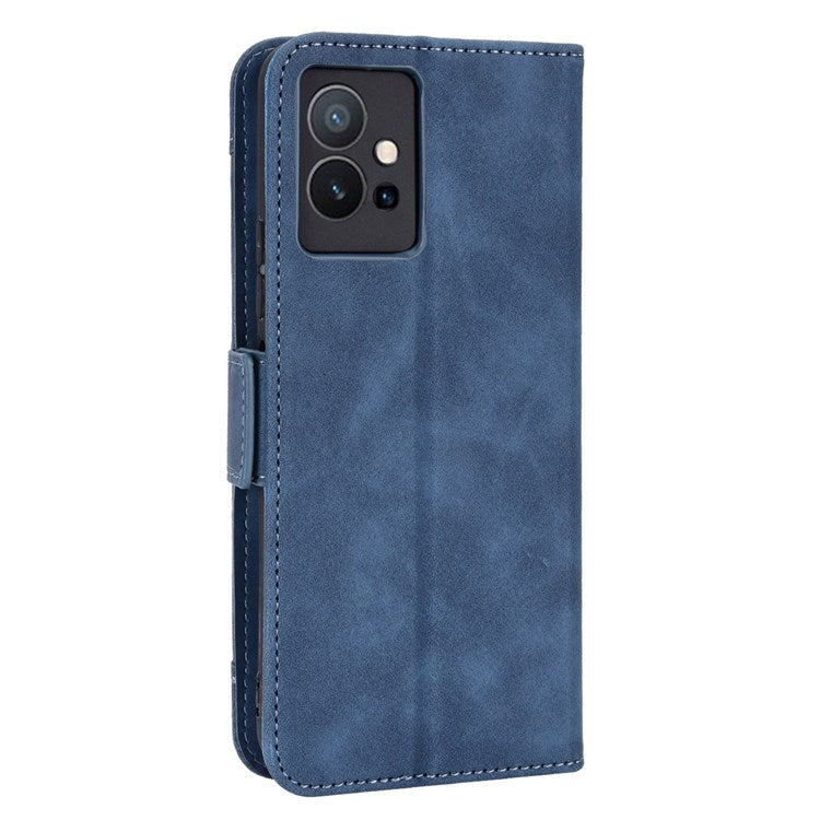 For vivo Y55 5G/Y75 5G/T1 5G PU Leather Card Holder Stand Shockproof TPU Interior Case Wallet Design Magnetic Protect Flip Cover - Blue