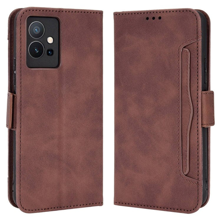 For vivo Y55 5G/Y75 5G/T1 5G PU Leather Card Holder Stand Shockproof TPU Interior Case Wallet Design Magnetic Protect Flip Cover - Brown