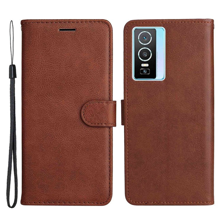 KT Leather Series-2 for vivo Y76 5G Mobile Phone Shell Magnetic PU Leather Case Wallet Stand Protective Flip Phone Cover with Strap - Brown