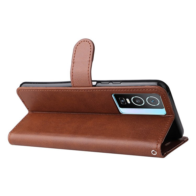 KT Leather Series-2 for vivo Y76 5G Mobile Phone Shell Magnetic PU Leather Case Wallet Stand Protective Flip Phone Cover with Strap - Brown