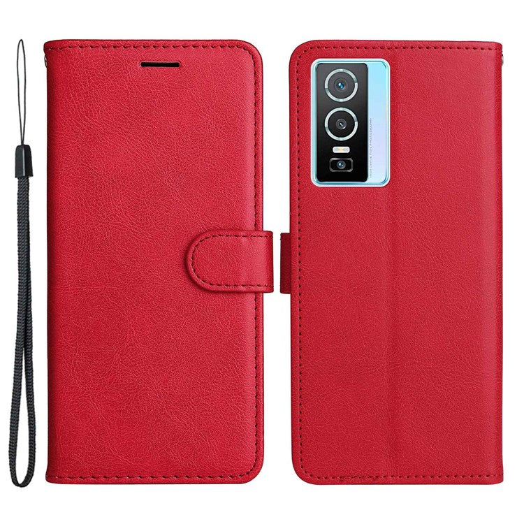 KT Leather Series-2 for vivo Y76 5G Mobile Phone Shell Magnetic PU Leather Case Wallet Stand Protective Flip Phone Cover with Strap - Red