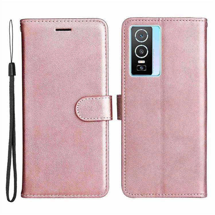 KT Leather Series-2 for vivo Y76 5G Mobile Phone Shell Magnetic PU Leather Case Wallet Stand Protective Flip Phone Cover with Strap - Rose Gold