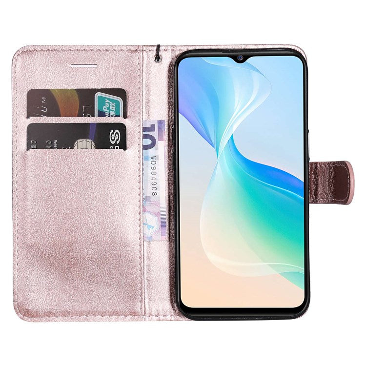 KT Leather Series-2 for vivo Y76 5G Mobile Phone Shell Magnetic PU Leather Case Wallet Stand Protective Flip Phone Cover with Strap - Rose Gold