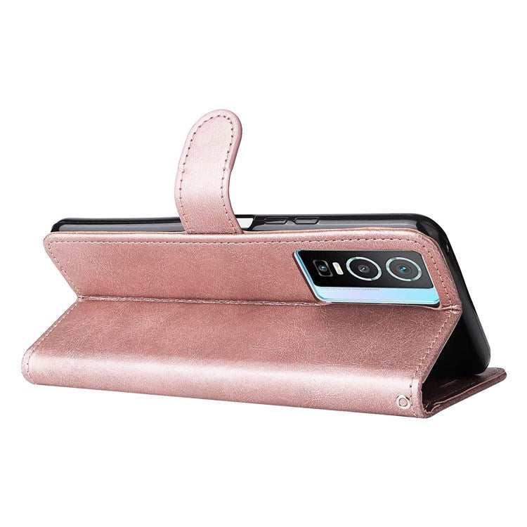 KT Leather Series-2 for vivo Y76 5G Mobile Phone Shell Magnetic PU Leather Case Wallet Stand Protective Flip Phone Cover with Strap - Rose Gold