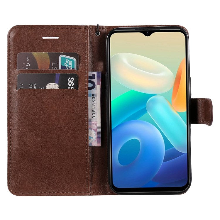 KT Leather Series-2 Wallet Purse Case for vivo Y55s 5G, PU Leather Folio Stand Magnetic Shockproof Protective Cover with Wrist Strap - Brown