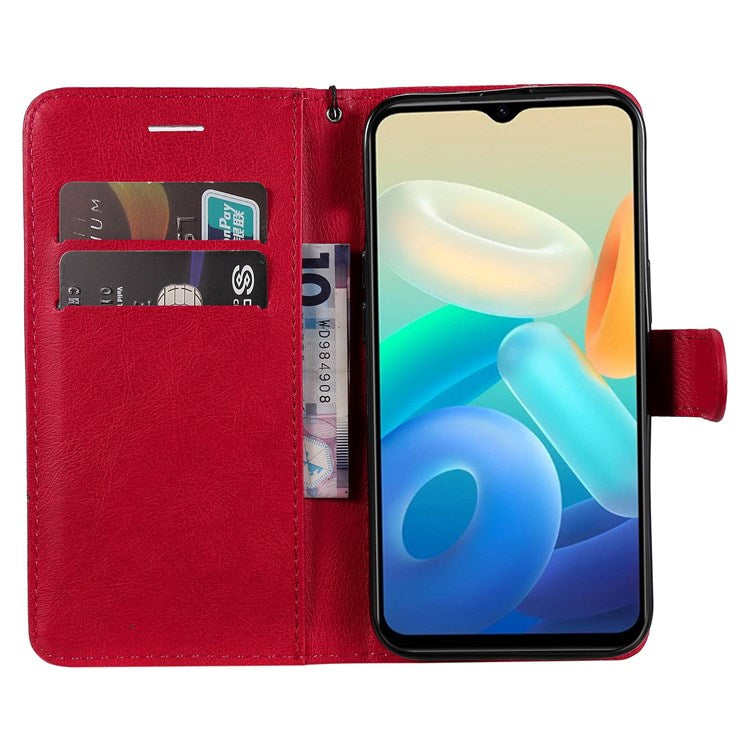 KT Leather Series-2 Wallet Purse Case for vivo Y55s 5G, PU Leather Folio Stand Magnetic Shockproof Protective Cover with Wrist Strap - Red