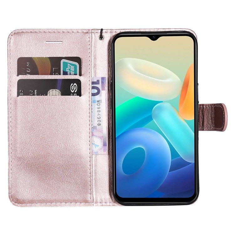 KT Leather Series-2 Wallet Purse Case for vivo Y55s 5G, PU Leather Folio Stand Magnetic Shockproof Protective Cover with Wrist Strap - Rose Gold