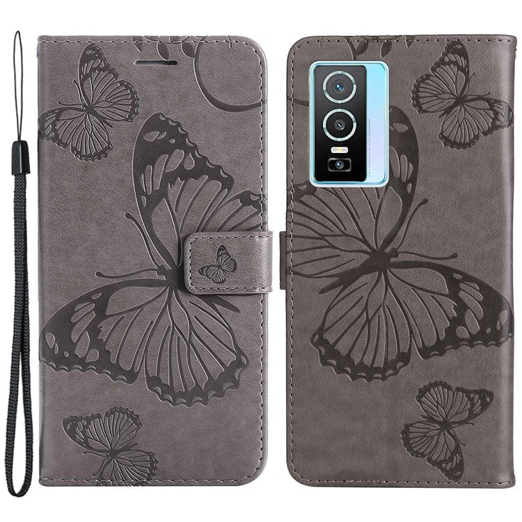 KT Imprinting Flower Series-2 for vivo Y76 5G PU Leather Book Stand Case Imprinted Butterfly Pattern Wallet Style Flip Case with Strap - Grey