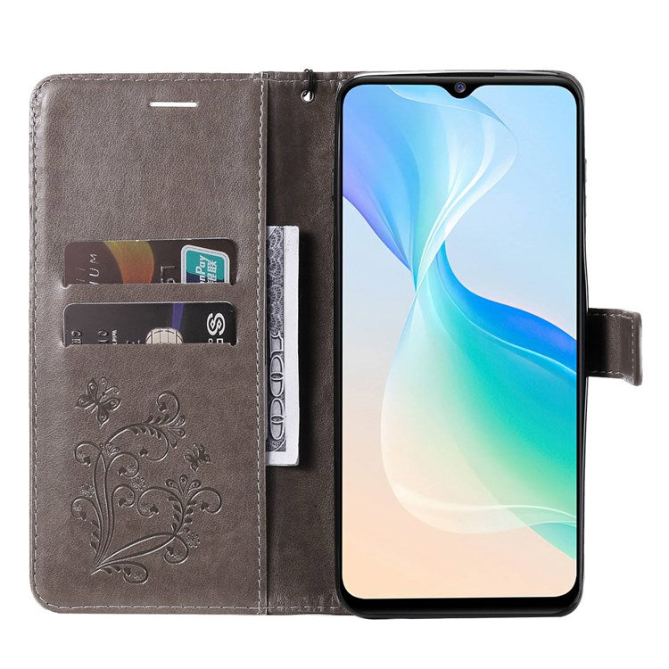 KT Imprinting Flower Series-2 for vivo Y76 5G PU Leather Book Stand Case Imprinted Butterfly Pattern Wallet Style Flip Case with Strap - Grey