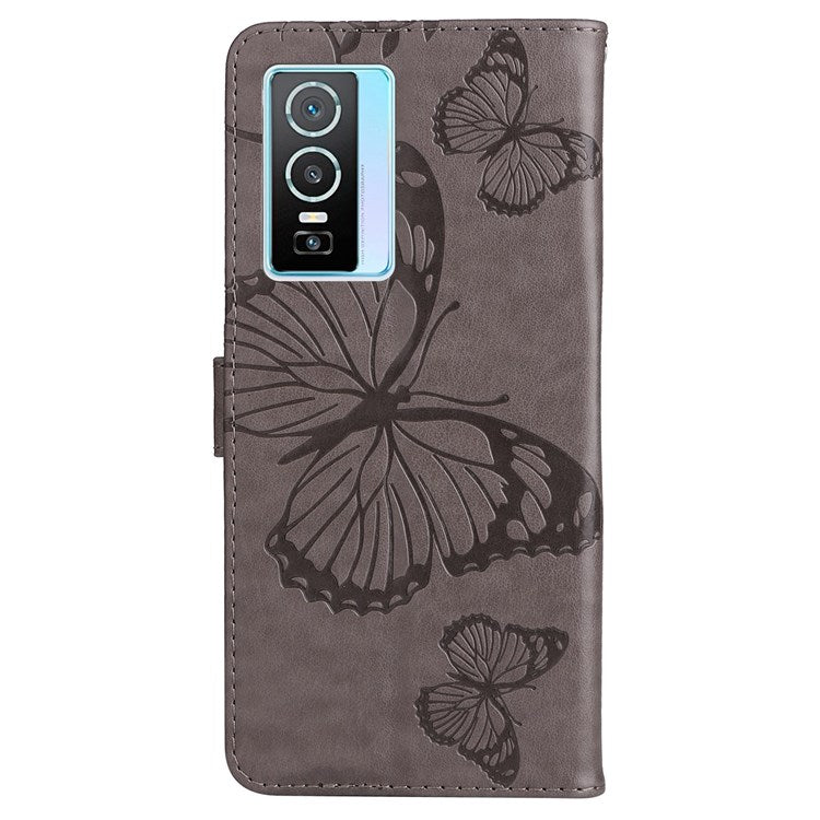 KT Imprinting Flower Series-2 for vivo Y76 5G PU Leather Book Stand Case Imprinted Butterfly Pattern Wallet Style Flip Case with Strap - Grey