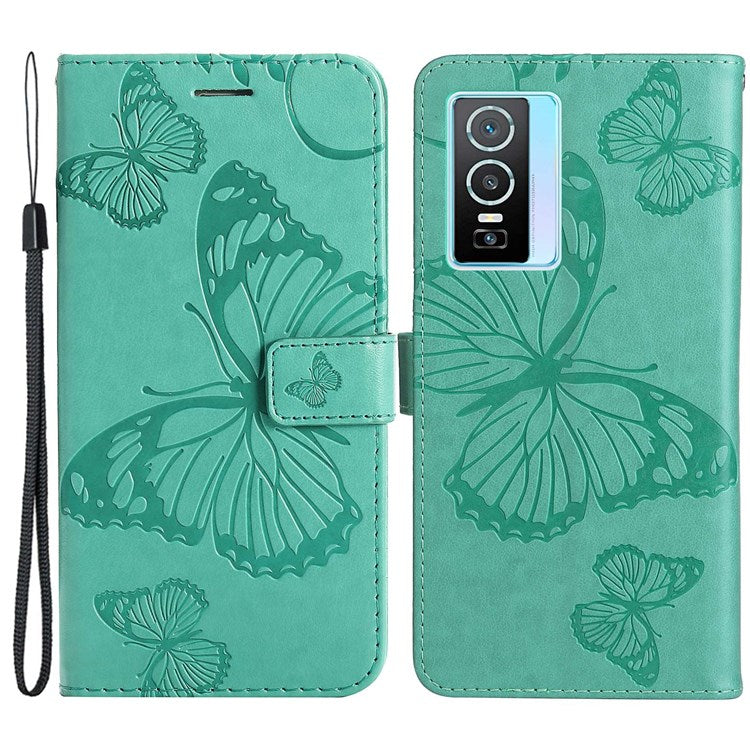 KT Imprinting Flower Series-2 for vivo Y76 5G PU Leather Book Stand Case Imprinted Butterfly Pattern Wallet Style Flip Case with Strap - Green