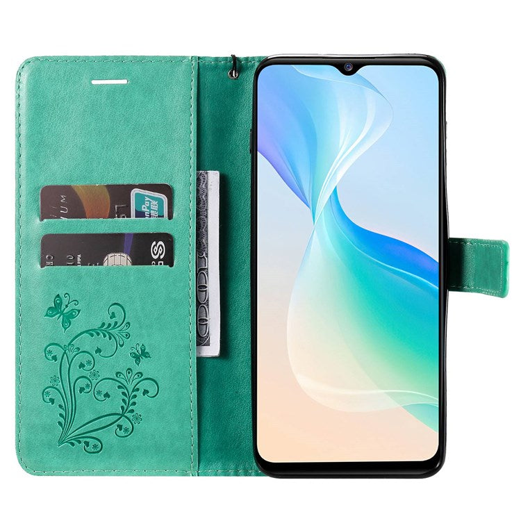 KT Imprinting Flower Series-2 for vivo Y76 5G PU Leather Book Stand Case Imprinted Butterfly Pattern Wallet Style Flip Case with Strap - Green