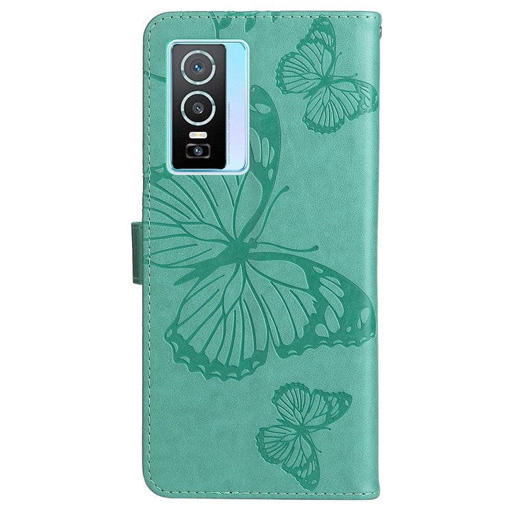 KT Imprinting Flower Series-2 for vivo Y76 5G PU Leather Book Stand Case Imprinted Butterfly Pattern Wallet Style Flip Case with Strap - Green