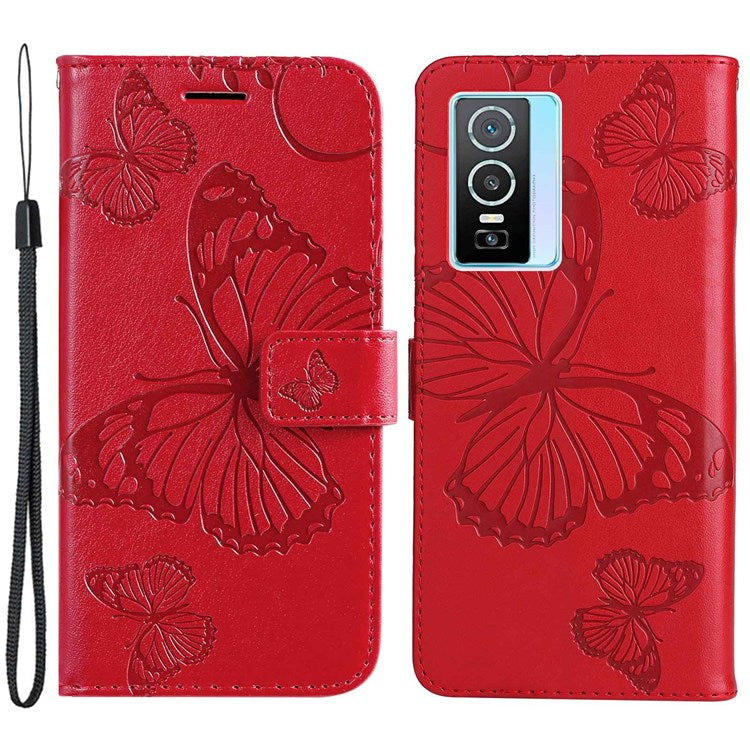 KT Imprinting Flower Series-2 for vivo Y76 5G PU Leather Book Stand Case Imprinted Butterfly Pattern Wallet Style Flip Case with Strap - Red