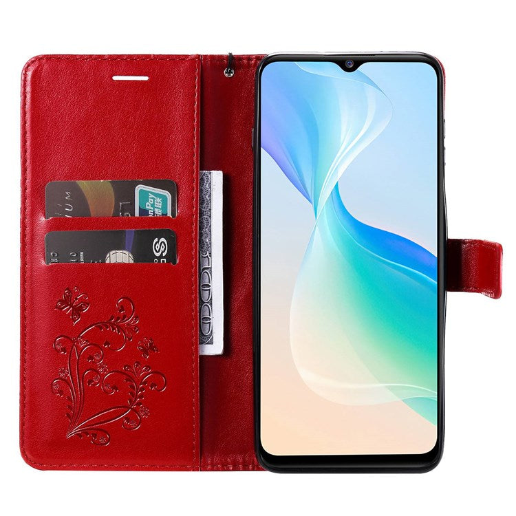 KT Imprinting Flower Series-2 for vivo Y76 5G PU Leather Book Stand Case Imprinted Butterfly Pattern Wallet Style Flip Case with Strap - Red