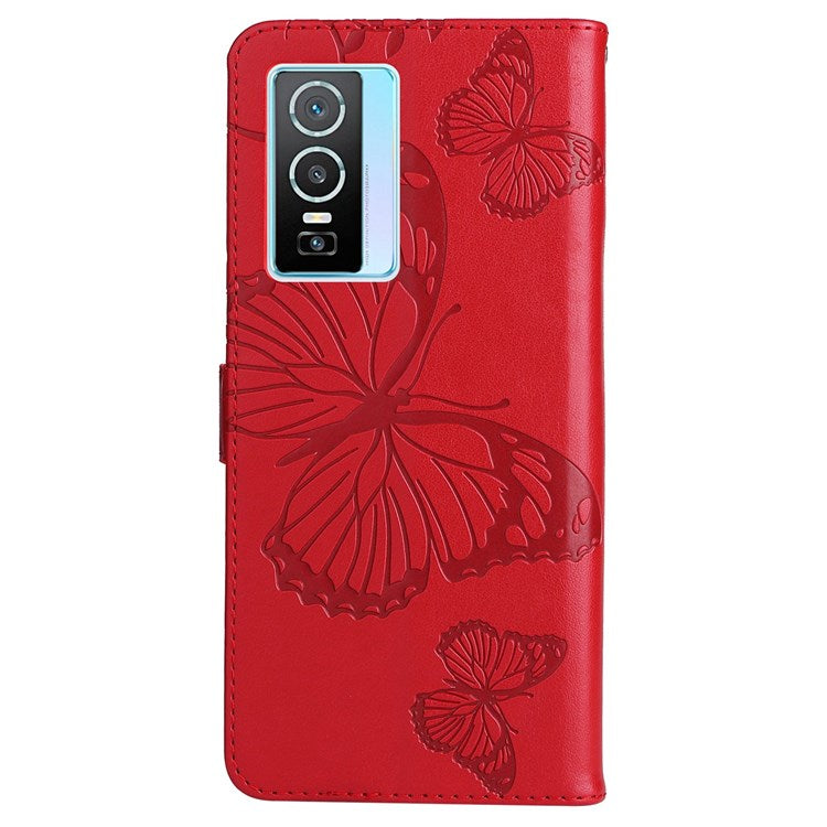 KT Imprinting Flower Series-2 for vivo Y76 5G PU Leather Book Stand Case Imprinted Butterfly Pattern Wallet Style Flip Case with Strap - Red